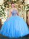 New Style Blue Lace Up Quince Ball Gowns Beading Sleeveless Floor Length