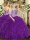 High Class Tulle Sleeveless Floor Length Sweet 16 Dress and Beading and Ruffles