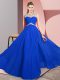 New Style Floor Length Clasp Handle Prom Gown Royal Blue for Prom and Party with Beading