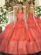 Wonderful Orange Red Tulle Lace Up Halter Top Sleeveless Floor Length 15 Quinceanera Dress Ruffled Layers