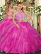 Simple Hot Pink Two Pieces Tulle Halter Top Sleeveless Beading Floor Length Criss Cross Sweet 16 Dress