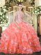 Decent Watermelon Red Ball Gowns Beading and Ruffled Layers Quinceanera Dresses Lace Up Organza Sleeveless Floor Length