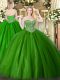 Romantic Floor Length Green Sweet 16 Dresses Tulle Sleeveless Beading