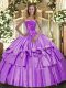 High End Strapless Sleeveless Quinceanera Dress Floor Length Beading and Ruffled Layers Lavender Organza and Taffeta