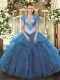 Blue Ball Gowns Tulle Sweetheart Sleeveless Beading Floor Length Lace Up 15th Birthday Dress