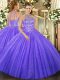 Tulle Halter Top Sleeveless Lace Up Beading and Embroidery Quinceanera Gowns in Lavender