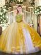 Vintage Floor Length Gold Quinceanera Gowns Tulle Sleeveless Beading and Ruffles