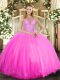 Custom Made Rose Pink Ball Gown Prom Dress Military Ball and Sweet 16 and Quinceanera with Beading Halter Top Sleeveless Lace Up