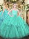 Turquoise Ball Gowns Tulle Sweetheart Sleeveless Beading and Lace and Ruffled Layers Zipper Ball Gown Prom Dress Brush Train