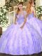 Custom Fit Lavender Tulle Lace Up Strapless Sleeveless Floor Length Ball Gown Prom Dress Appliques and Ruffles