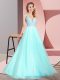 Aqua Blue Zipper Prom Dresses Lace Sleeveless Floor Length