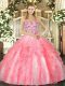 Super Tulle Straps Sleeveless Lace Up Beading and Ruffles Quinceanera Gown in Coral Red