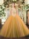 V-neck Sleeveless Lace Up 15 Quinceanera Dress Gold Tulle