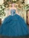 Floor Length Teal Ball Gown Prom Dress Tulle Sleeveless Beading and Ruffles