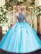 Free and Easy Aqua Blue Ball Gowns Tulle Halter Top Sleeveless Beading and Appliques Floor Length Lace Up Quinceanera Dress