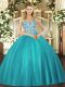 Dramatic Teal Ball Gowns Tulle Straps Sleeveless Beading and Ruffles Floor Length Lace Up Quinceanera Gown
