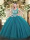 Superior Scoop Sleeveless Quinceanera Dresses Floor Length Beading Teal Tulle and Sequined