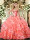 Sweetheart Sleeveless 15 Quinceanera Dress Floor Length Beading and Ruffled Layers Watermelon Red Organza