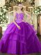 Custom Made Purple Lace Up Quinceanera Gown Beading and Ruffled Layers Sleeveless Floor Length