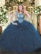 Perfect Navy Blue Ball Gowns Organza Scoop Sleeveless Beading and Ruffles Floor Length Lace Up Quinceanera Gowns