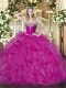 Admirable Floor Length Fuchsia Quinceanera Gown Organza Sleeveless Beading and Ruffles