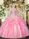 On Sale Rose Pink Sleeveless Floor Length Beading and Ruffles Lace Up Vestidos de Quinceanera