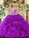 Purple Organza Lace Up Sweetheart Sleeveless Floor Length Quinceanera Dress Beading and Ruffles and Pick Ups