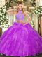 Sleeveless Tulle Floor Length Criss Cross Quince Ball Gowns in Fuchsia with Beading and Ruffles