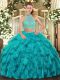 Attractive Turquoise Criss Cross Halter Top Beading and Ruffles Ball Gown Prom Dress Organza Sleeveless