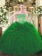 Dark Green Ball Gowns Beading and Ruffles Quinceanera Gowns Lace Up Organza Sleeveless Floor Length
