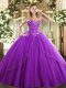 Eggplant Purple Lace Up Sweetheart Appliques and Embroidery Vestidos de Quinceanera Tulle Sleeveless Brush Train