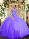 Lavender Lace Up Halter Top Embroidery Quinceanera Dress Tulle Sleeveless