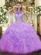 Lovely Sleeveless Organza Floor Length Lace Up Quinceanera Gown in Lavender with Beading and Ruffles and Pick Ups