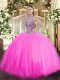 Rose Pink Lace Up Halter Top Beading Quinceanera Gown Tulle Sleeveless