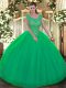 Sleeveless Tulle Floor Length Backless Quinceanera Gowns in Green with Beading