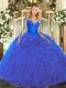 Blue Organza Lace Up Scoop Long Sleeves Floor Length Ball Gown Prom Dress Lace and Ruffles