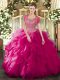 Spectacular Scoop Sleeveless Quinceanera Dress Floor Length Beading and Ruffled Layers Fuchsia Tulle