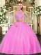 Hot Pink Sleeveless Beading Floor Length Sweet 16 Quinceanera Dress
