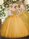 Luxurious Gold Sleeveless Tulle Lace Up Quince Ball Gowns for Military Ball and Sweet 16 and Quinceanera
