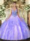 Perfect Lavender Ball Gowns Straps Sleeveless Tulle Floor Length Lace Up Beading and Ruffles Sweet 16 Quinceanera Dress