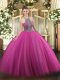 Hot Pink Tulle Lace Up Quinceanera Gowns Sleeveless Floor Length Beading