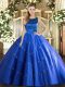 Sleeveless Tulle Floor Length Lace Up Vestidos de Quinceanera in Blue with Appliques