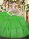 Floor Length Green Sweet 16 Quinceanera Dress Tulle Sleeveless Beading and Ruffled Layers