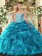 Teal Lace Up Sweetheart Beading and Ruffles and Pick Ups Quinceanera Gowns Organza Sleeveless