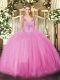 Floor Length Rose Pink Quinceanera Gowns V-neck Sleeveless Lace Up