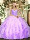 Most Popular Lilac Tulle Lace Up V-neck Sleeveless Floor Length Sweet 16 Dress Beading and Ruffles