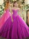 Fuchsia Sleeveless Appliques and Embroidery Lace Up Quinceanera Dresses
