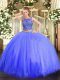 Tulle Scoop Sleeveless Lace Up Beading Sweet 16 Quinceanera Dress in Blue