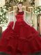 Floor Length Lace Up Sweet 16 Quinceanera Dress Wine Red for Military Ball and Sweet 16 and Quinceanera with Ruffled Layers