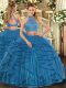 Teal Sleeveless Tulle Criss Cross Quince Ball Gowns for Military Ball and Sweet 16 and Quinceanera